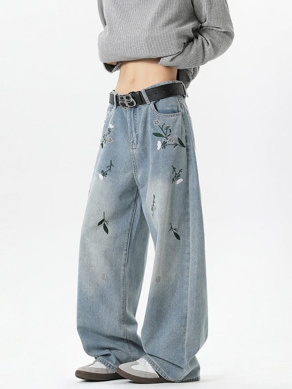Floral Embroidery Loose Fit Jeans Fashion - Image 5