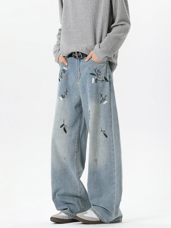 Floral Embroidery Loose Fit Jeans Fashion - Image 2