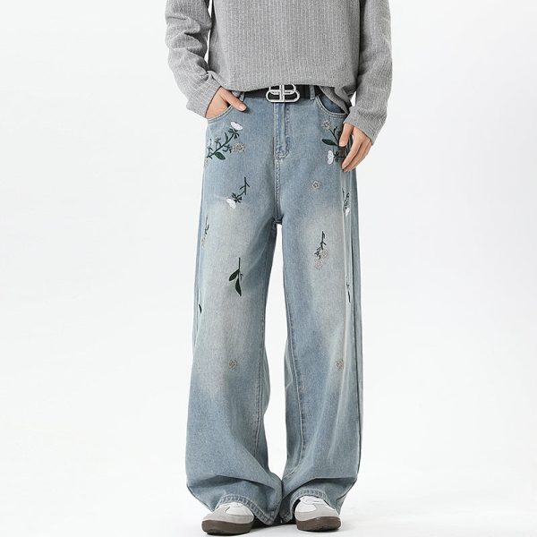 Floral Embroidery Loose Fit Jeans Fashion