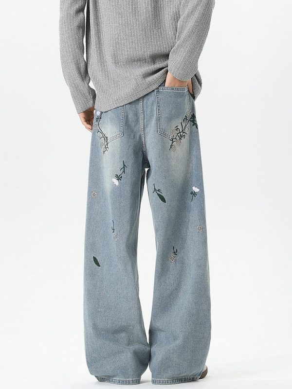 Floral Embroidery Loose Fit Jeans Fashion - Image 4