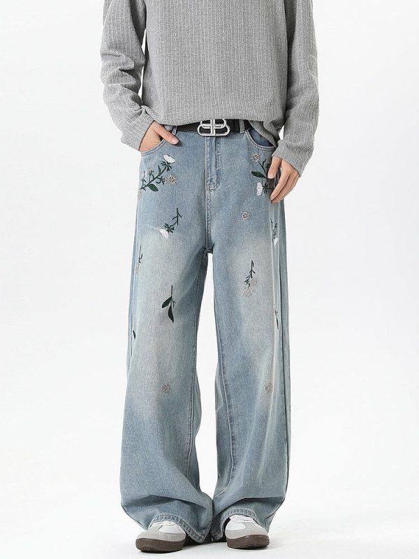 Floral Embroidery Loose Fit Jeans Fashion - Image 3