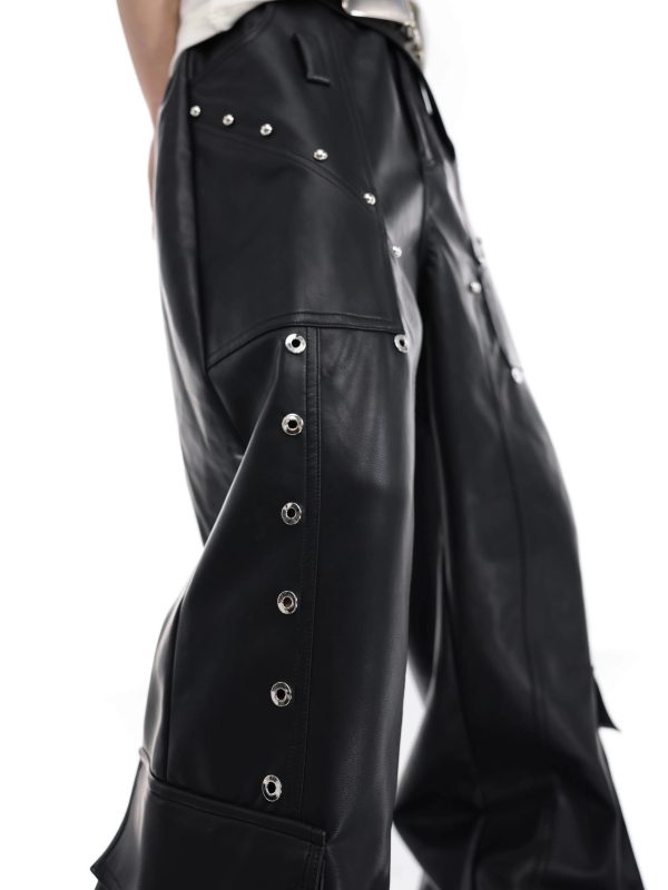 Metal Stitching Leather Cargo Pants Online - Image 4