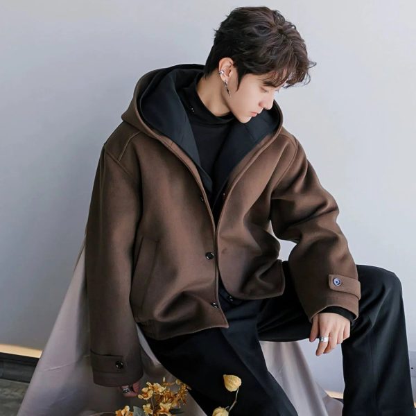 Hooded Wool Coat with Button Closure For Cheap