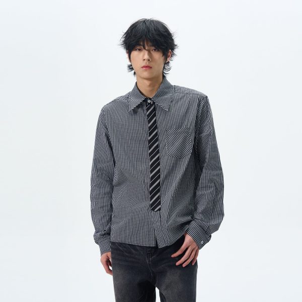Plaid Long-Sleeve Shirt with Tie Discount - Image 2