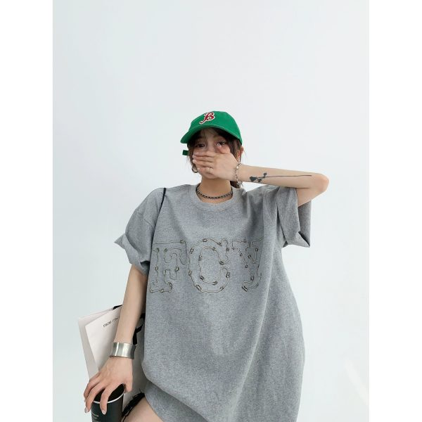 Lettering Embroidered Crew Neck T-shirt Hot on Sale