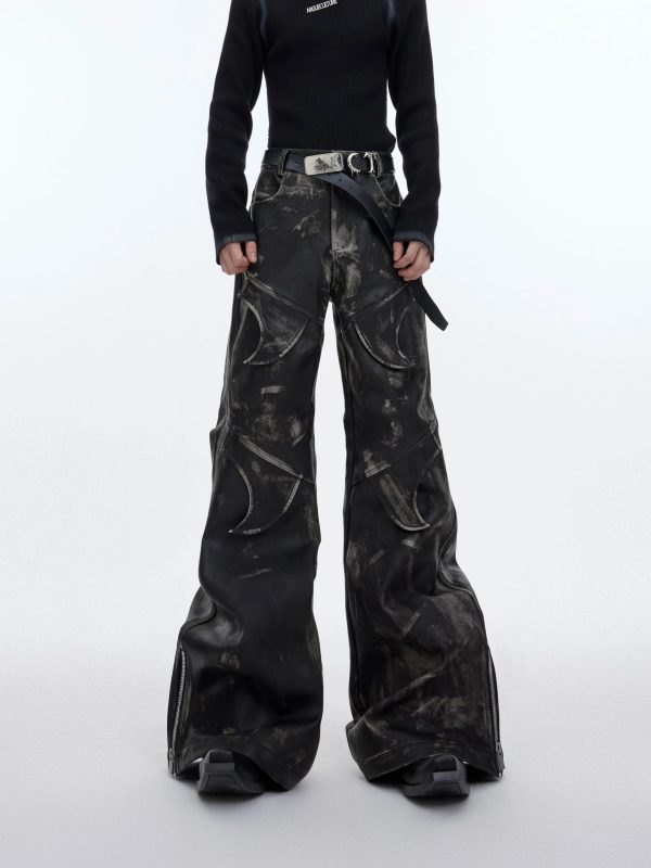 Retro Deconstruction Flared Leather Pants Supply
