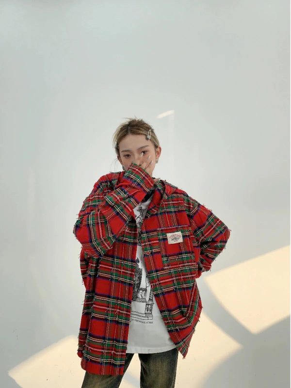 Oversized Plaid Button-Up Shirt Online Sale - Image 3
