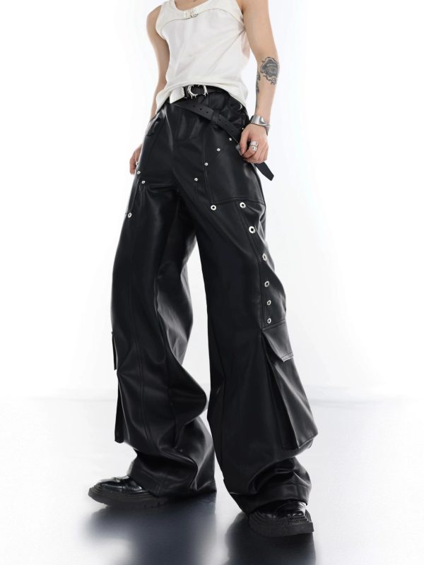 Metal Stitching Leather Cargo Pants Online