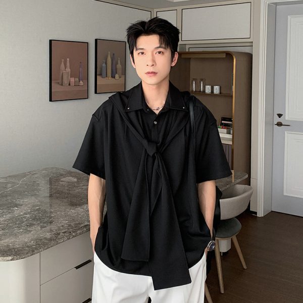 Short-sleeved Shirt with Non-detachable Cape Cheap - Image 5