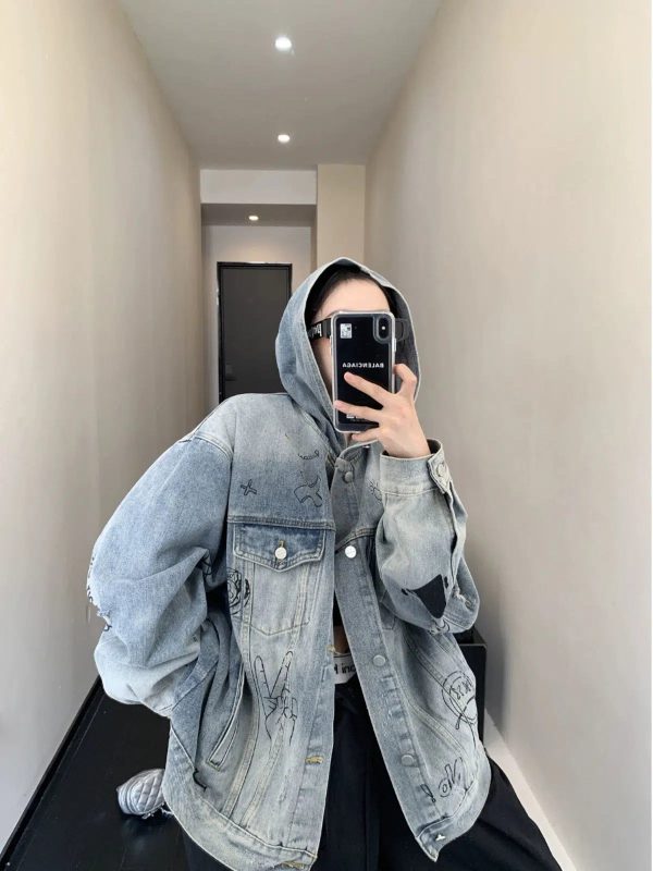Graffiti Print Hooded Denim Jacket Hot on Sale - Image 2