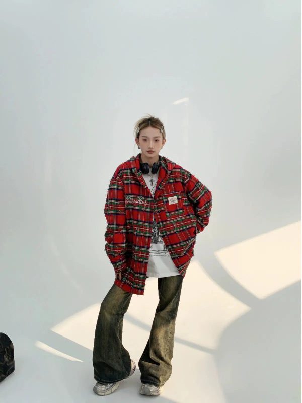 Oversized Plaid Button-Up Shirt Online Sale - Image 5