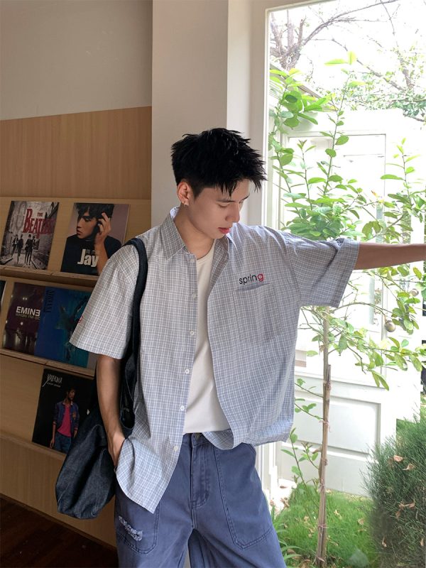 Short-Sleeve Lapel Plaid Shirt Online now
