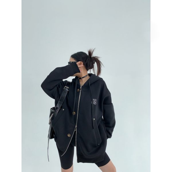 Embroidered Hooded Button Zipper Coat Online Sale - Image 5