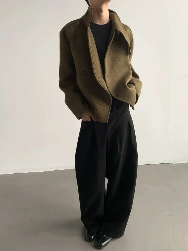 Asymmetric Wool Coat with High Collar Fashion - Image 3