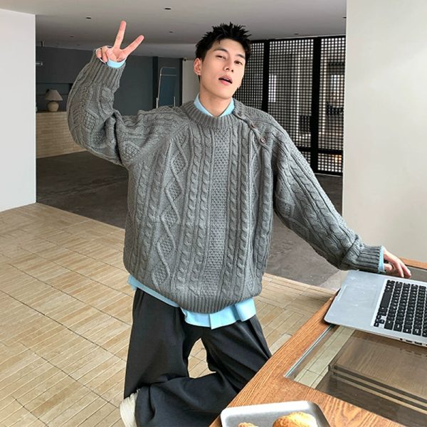 Retro Cable Knit Round Neck Sweater For Cheap