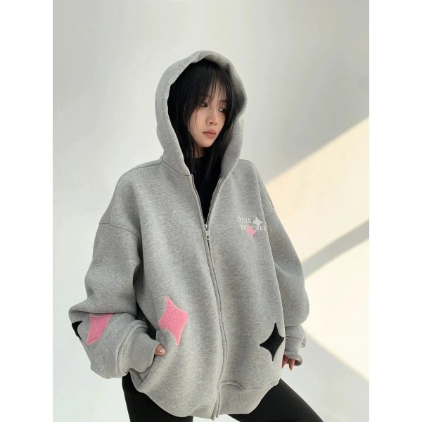 Star Accents Oversized Zip-Up Hoodie Online