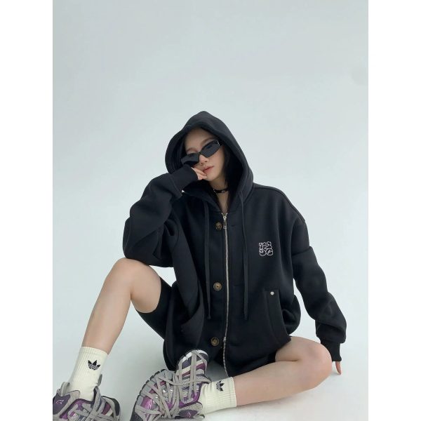 Embroidered Hooded Button Zipper Coat Online Sale