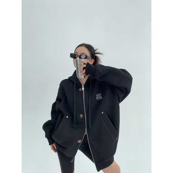 Embroidered Hooded Button Zipper Coat Online Sale - Image 3