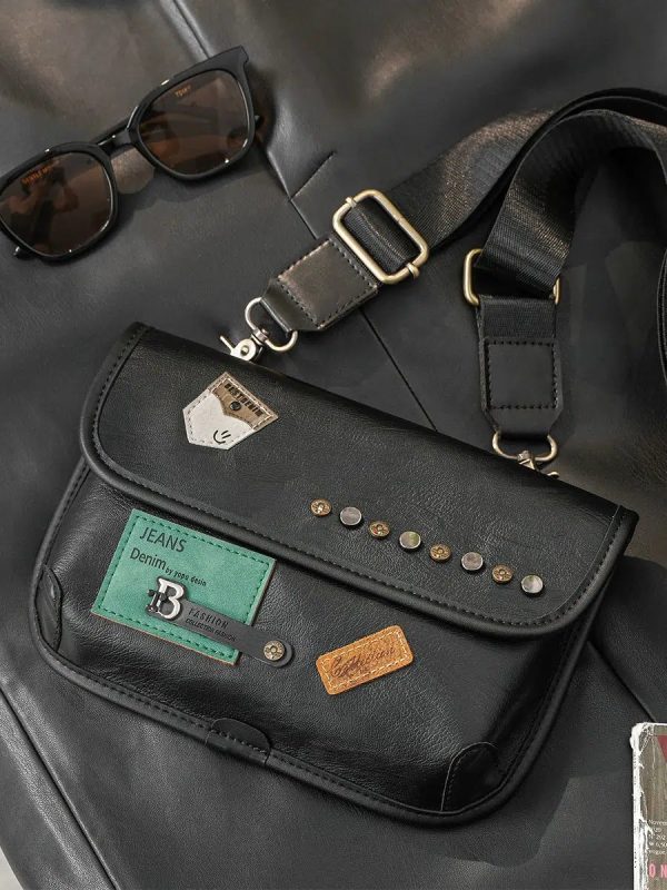 Leather Chest Bag with Patch Accents on Sale - Image 3