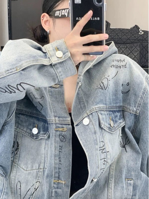 Graffiti Print Hooded Denim Jacket Hot on Sale - Image 5
