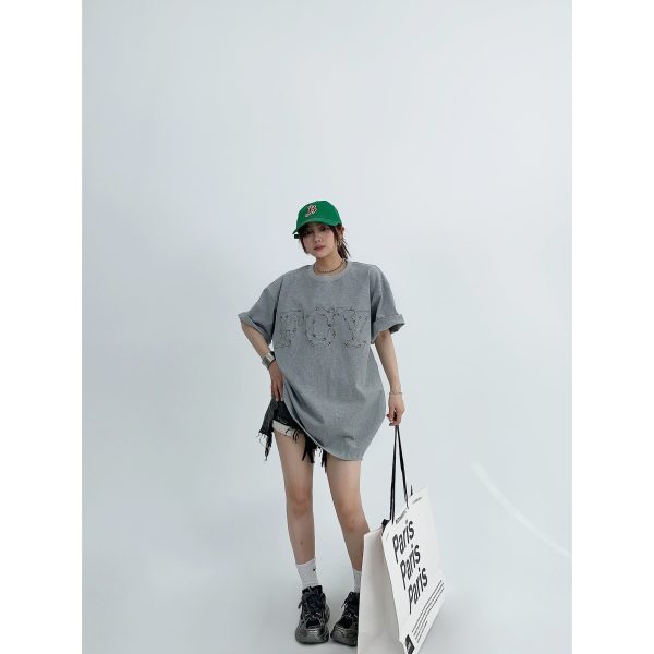 Lettering Embroidered Crew Neck T-shirt Hot on Sale - Image 5