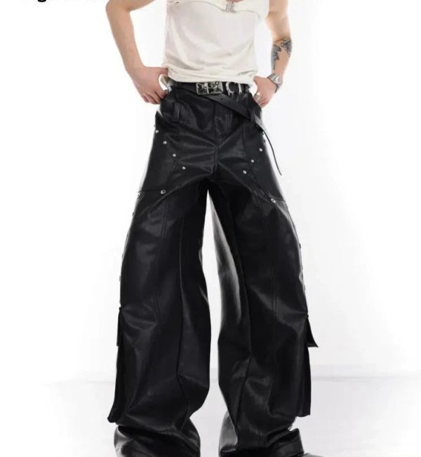 Metal Stitching Leather Cargo Pants Online - Image 2