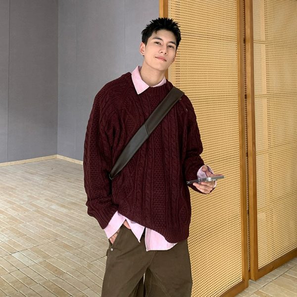 Retro Cable Knit Round Neck Sweater For Cheap - Image 2