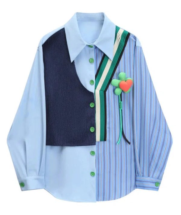 Patchwork Pinstripe Button-Up Shirt Online Hot Sale
