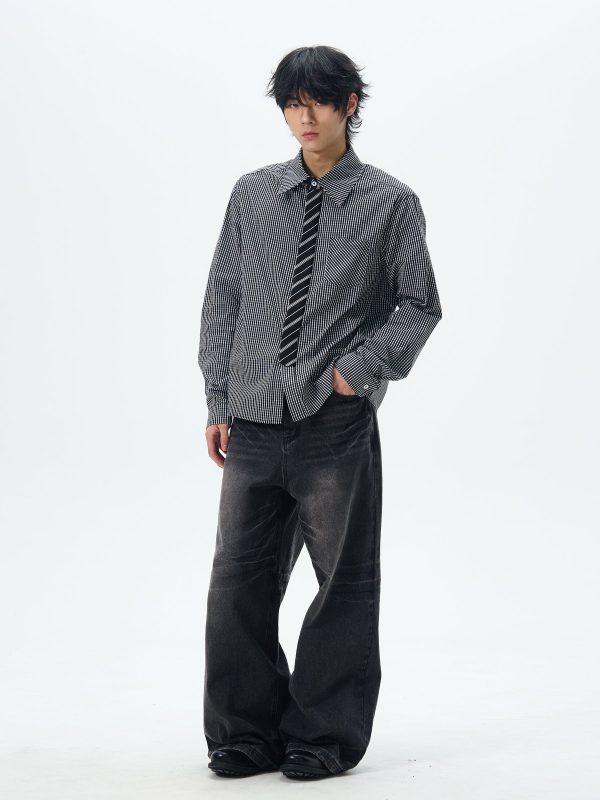 Plaid Long-Sleeve Shirt with Tie Discount - Image 5