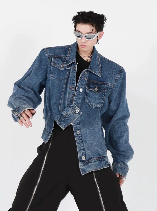 Irregular Shoulder Pad Denim Jacket Online now - Image 2