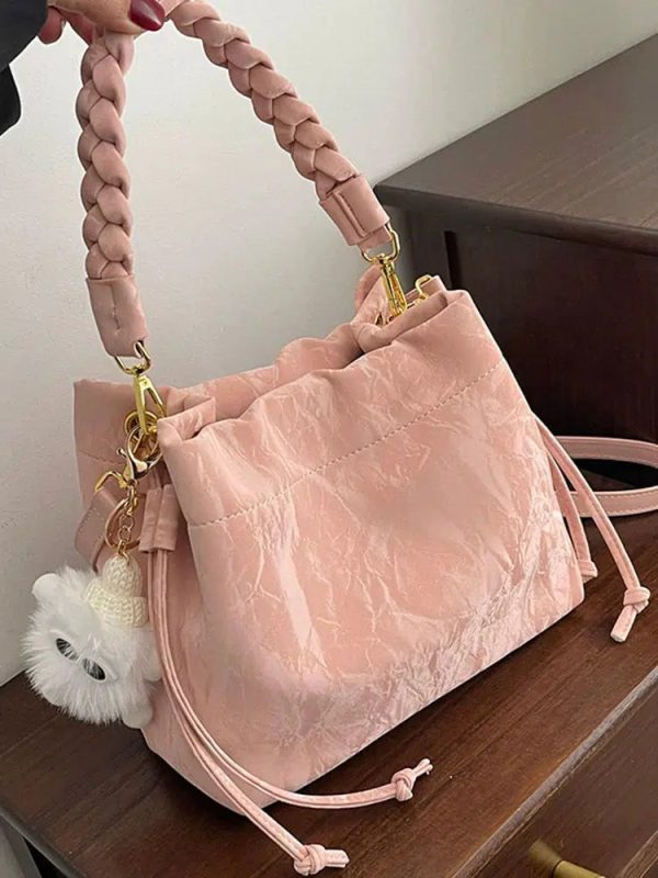 Braided Handle Bucket Shaped Bag Fashion