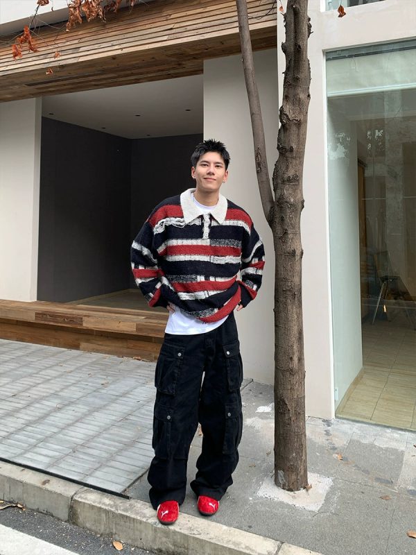 Striped Lapel Knit Pullover Sweater Cheap - Image 3