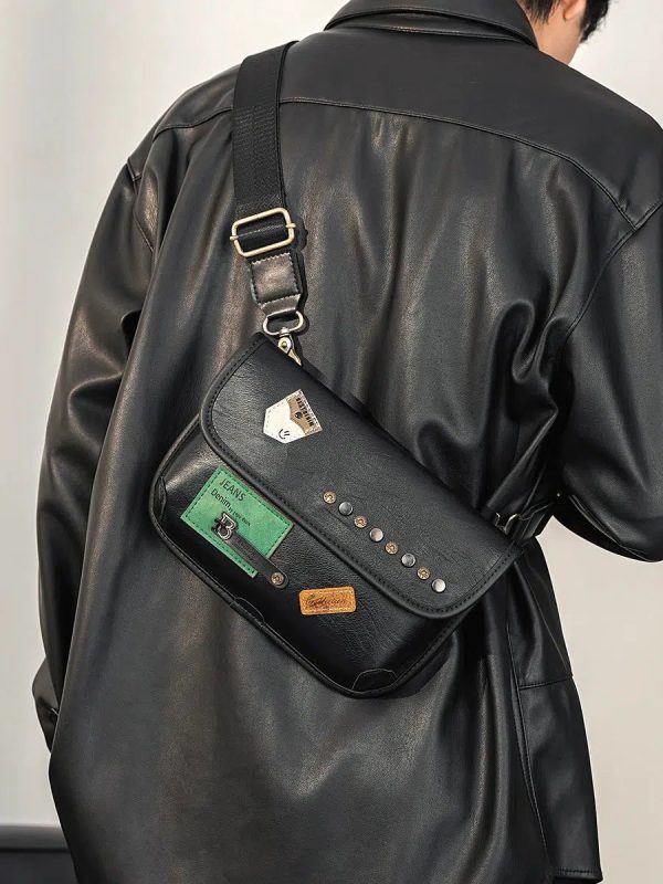Leather Chest Bag with Patch Accents on Sale