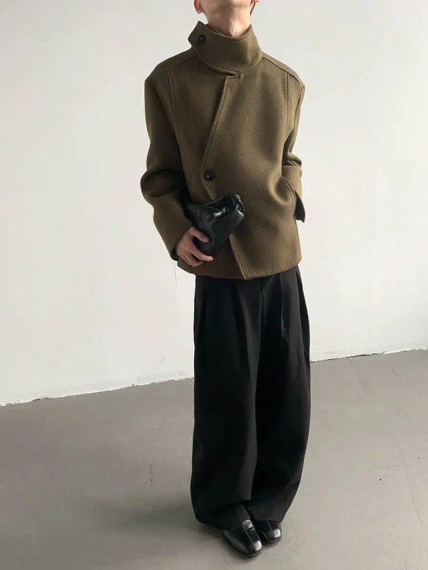 Asymmetric Wool Coat with High Collar Fashion - Image 4