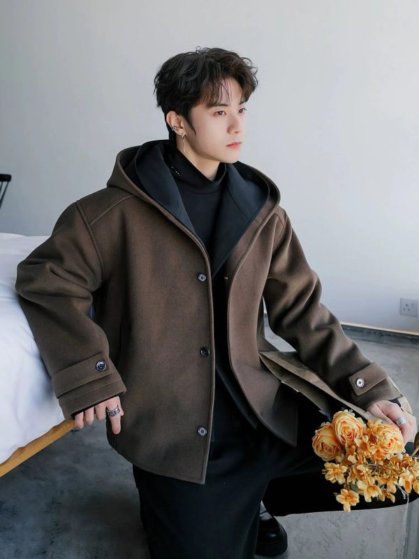 Hooded Wool Coat with Button Closure For Cheap - Image 5