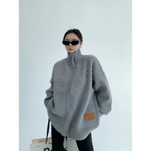High Neck Knit Zip Sweatshirt Fashion