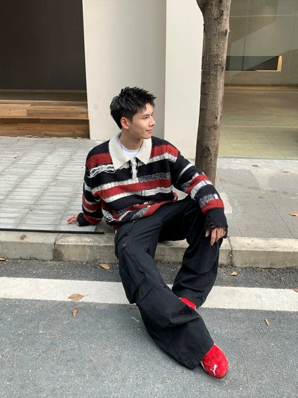Striped Lapel Knit Pullover Sweater Cheap - Image 2