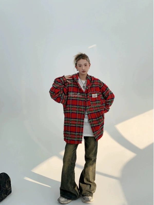 Oversized Plaid Button-Up Shirt Online Sale - Image 4