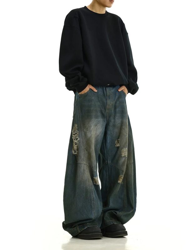 Wide-Leg Distressed Denim Pants For Sale - Image 3