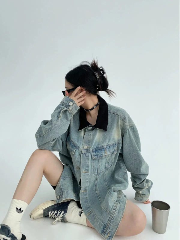 Graphic Text Oversized Denim Jacket Fashion - Image 2