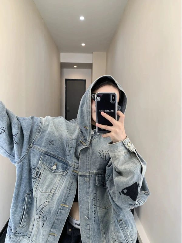 Graffiti Print Hooded Denim Jacket Hot on Sale - Image 4