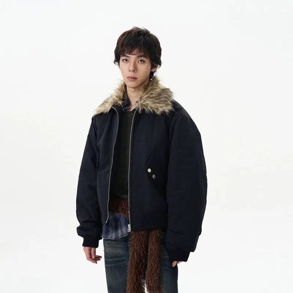 Faux Fur Collar Bomber Jacket on Sale - Image 3