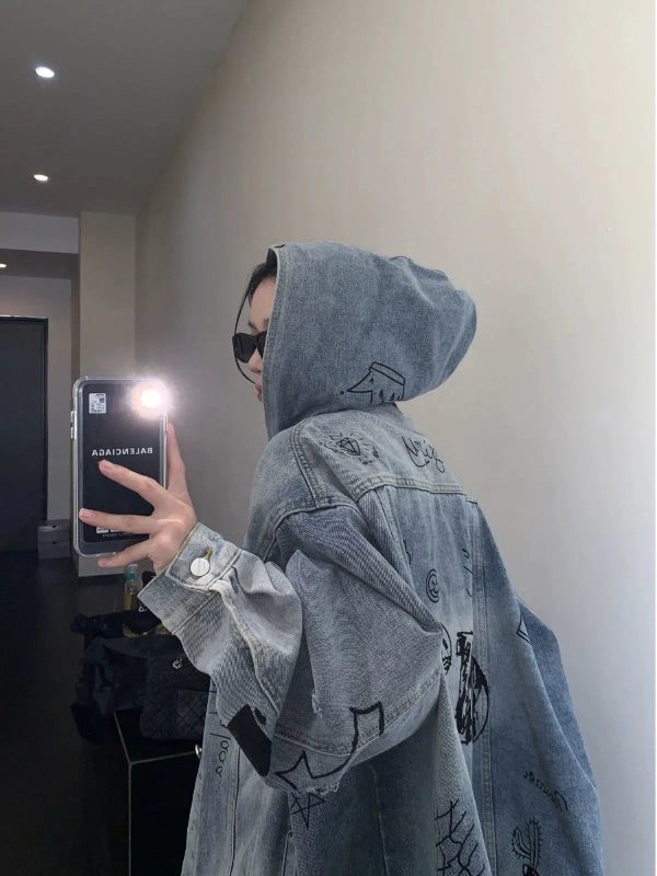 Graffiti Print Hooded Denim Jacket Hot on Sale - Image 3