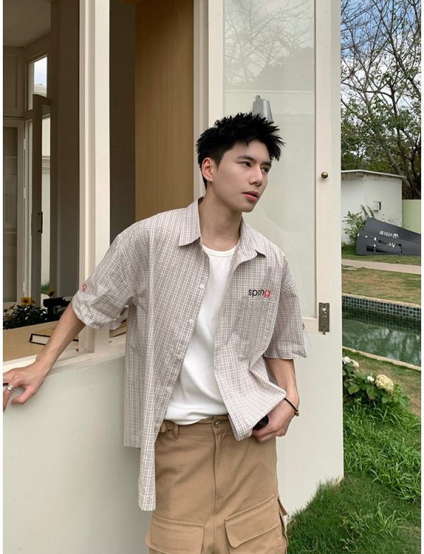 Short-Sleeve Lapel Plaid Shirt Online now - Image 4