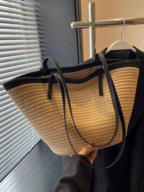 Woven Straw Leather Straps Tote Bag Online Hot Sale