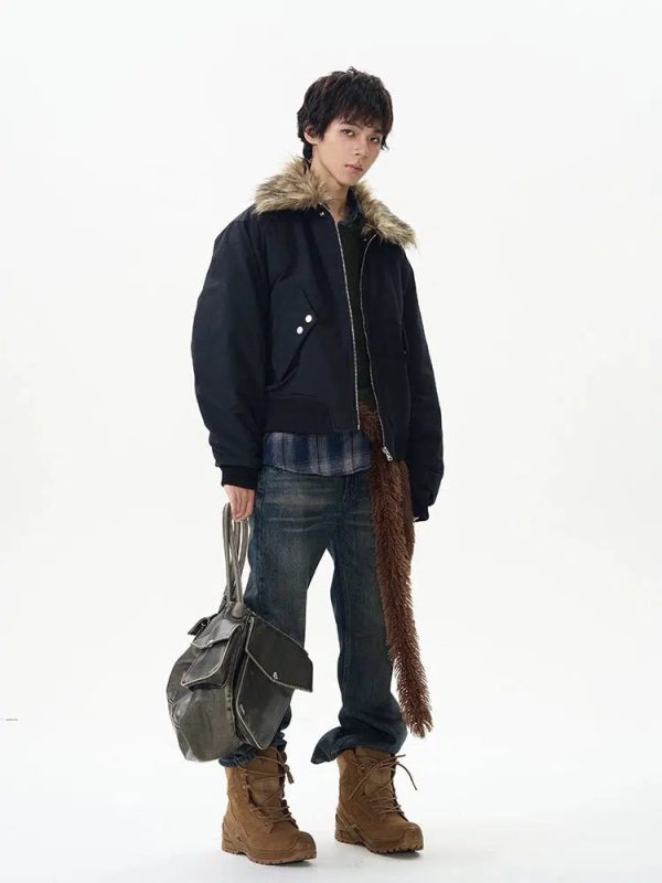 Faux Fur Collar Bomber Jacket on Sale - Image 4