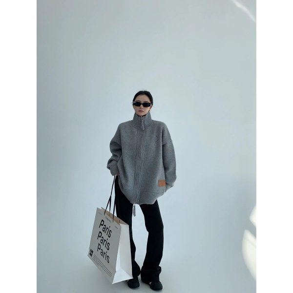 High Neck Knit Zip Sweatshirt Fashion - Image 3