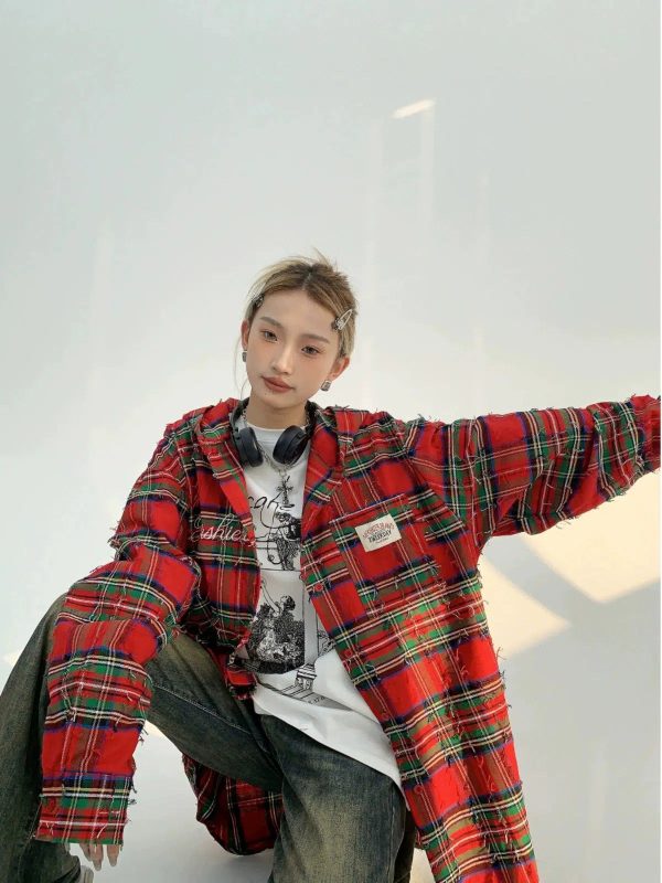 Oversized Plaid Button-Up Shirt Online Sale - Image 2