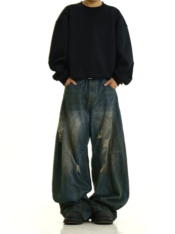 Wide-Leg Distressed Denim Pants For Sale - Image 2