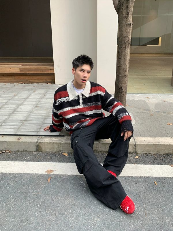 Striped Lapel Knit Pullover Sweater Cheap - Image 4